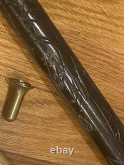BEAUTIFUL Carved Wood & Brass WALKING STICK CANE POOL CUE AGE UNKNOWN