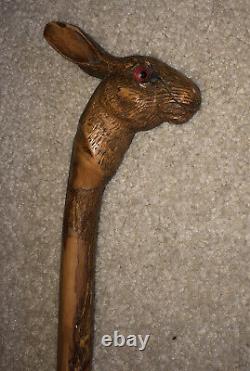 BEAUTIFUL Carved Wood rabbit walking stick/cane/staff Long 52 Antique