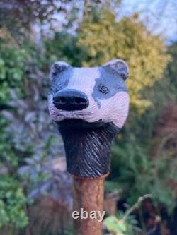 Badger Head Hand Carved in Lime Wood Country Walking stick on Hazel Shank