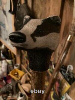 Badger Head Hand Carved in Lime Wood Country Walking stick on Hazel Shank