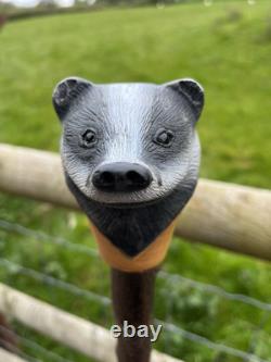 Badger Head Hand Carved in Lime Wood Walking stick on Hazel Shank
