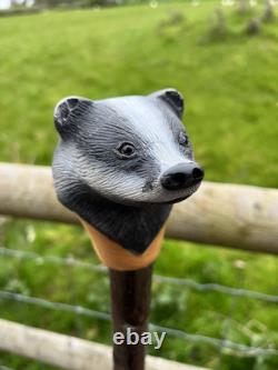 Badger Head Hand Carved in Lime Wood Walking stick on Hazel Shank