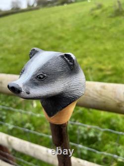 Badger Head Hand Carved in Lime Wood Walking stick on Hazel Shank
