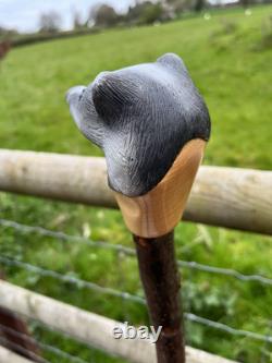 Badger Head Hand Carved in Lime Wood Walking stick on Hazel Shank