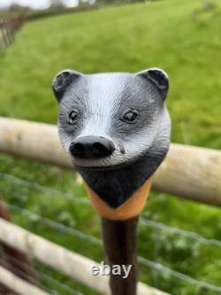 Badger Head Hand Carved in Lime Wood Walking stick on Hazel Shank