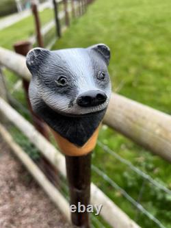 Badger Head Hand Carved in Lime Wood Walking stick on Hazel Shank