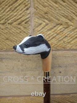 Badger Head Handle Handmade Wood Carved Unique Wooden Walking Stick Cane