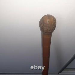 Bamboo Burr Root Walking Stick With Chinese Carvings And Chinese Inscription