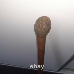 Bamboo Burr Root Walking Stick With Chinese Carvings And Chinese Inscription