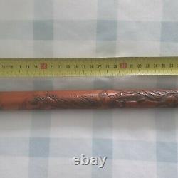 Bamboo Burr Root Walking Stick With Chinese Carvings And Chinese Inscription