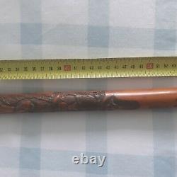 Bamboo Burr Root Walking Stick With Chinese Carvings And Chinese Inscription