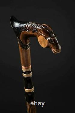 Bay Horse Carved Wooden Cane, Handmade Walking Stick for Gift, Hand Crafted Cane