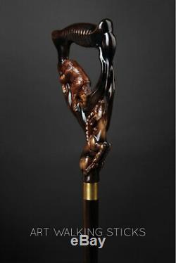 Bear & Ram Wooden Cane, Forest Song Walking Stick for Gift, Hand Carved Handmade
