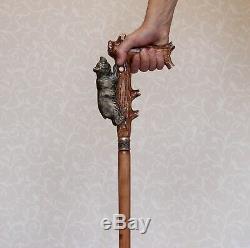 Bear Walking Stick Cane Wood Hand carved handle Hiking Staff Grizzly handcrafted