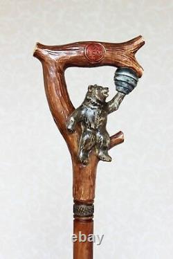 Bear and Hive Honey Walking stick cane Handmade Wooden Carved stick Wood canes