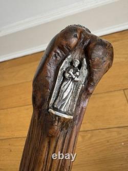 Beautiful Carved Walking Cane With Solid Silver Angel