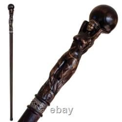 Beautiful Goddess Hand Carved Wooden Walking Stick Cane Handle Marquetry Designe