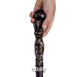 Beautiful Goddess Hand Carved Wooden Walking Stick Cane Handle Marquetry Designe