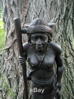 Beautiful Hand Carved Half Nude Woman and Dog Carrying Walking Stick 2 Feet Tall