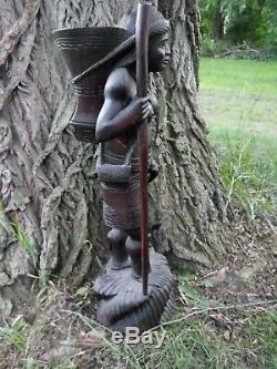 Beautiful Hand Carved Half Nude Woman and Dog Carrying Walking Stick 2 Feet Tall