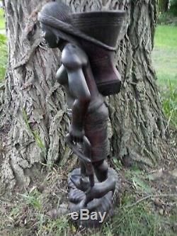 Beautiful Hand Carved Half Nude Woman and Dog Carrying Walking Stick 2 Feet Tall