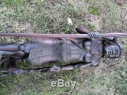 Beautiful Hand Carved Half Nude Woman and Dog Carrying Walking Stick 2 Feet Tall