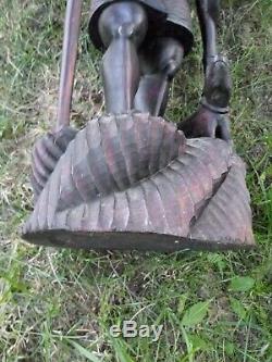 Beautiful Hand Carved Half Nude Woman and Dog Carrying Walking Stick 2 Feet Tall