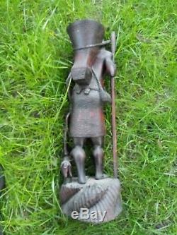 Beautiful Hand Carved Half Nude Woman and Dog Carrying Walking Stick 2 Feet Tall