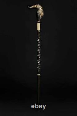 Billy Goat Walking Stick African Theme Hand Carved Cane With Rubber Tip Horn