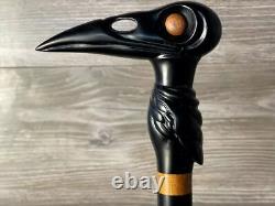 Black Raven Cane Walking Stick Wood Wooden Cane Handcarved Carving Handmade Walk