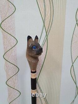 Blue Eyes Hipo cat walking stick, handmade, wood carved siamese cat walking cane