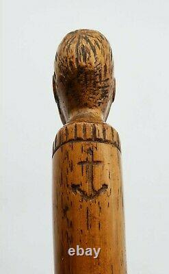 Boer War British Army Dutch POW Hand Carved Walking Stick Male Bust Handle LOOK