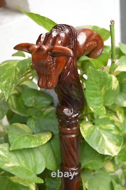 Bull Wooden Hand carved Cane hand carved Walking Stick with Animal Motifs