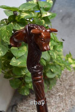 Bull Wooden Hand carved Cane hand carved Walking Stick with Animal Motifs