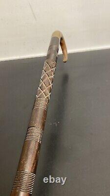 C1900 Exotic Hard Wood Wooden Edwardian Walking Stick Horn Carved Crook 90cm