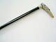 C19th Antique Carved Horn/dog Handle Hm Silver Band Ebonised Walking Stick/cane