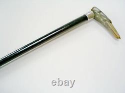 C19th Antique Carved Horn/dog Handle Hm Silver Band Ebonised Walking Stick/cane