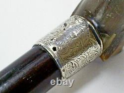 C19th Antique Carved Horn/dog Handle Hm Silver Band Ebonised Walking Stick/cane