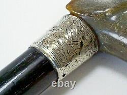 C19th Antique Carved Horn/dog Handle Hm Silver Band Ebonised Walking Stick/cane