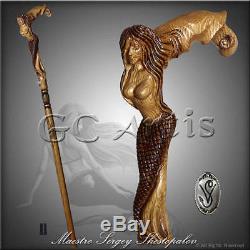 CRYING MERMAID CANE light walking stick wooden handle hand carved WTK1989