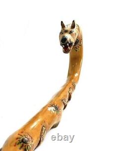 Cane Walking Stick Tiger Leopard Handle Carved Wood Vintage Tribal Collectibles