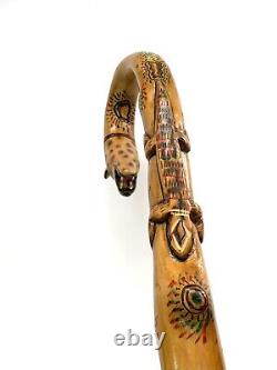 Cane Walking Stick Tiger Leopard Handle Carved Wood Vintage Tribal Collectibles