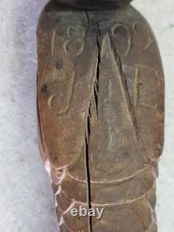 Cane Walking Stick Wooden Carved A Snake Date Of 24/10/1899 Monogram Je