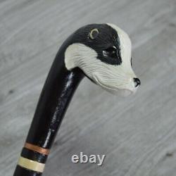 Cane Walking Stick Wooden carved Handmade Badger / UK