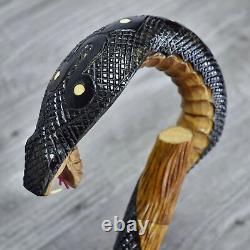 Cane Walking Stick Wooden carved Handmade Cobra brown