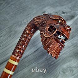 Cane Walking Stick Wooden carved Handmade Old Dragon Red