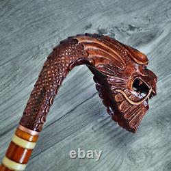 Cane Walking Stick Wooden carved Handmade Old Dragon Red