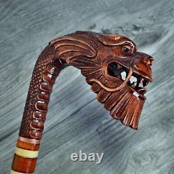 Cane Walking Stick Wooden carved Handmade Old Dragon Red