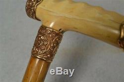 Cane walking stick carved bovine bone 10k gold Victorian Edwardian antique