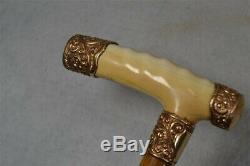 Cane walking stick carved bovine bone 10k gold Victorian Edwardian antique